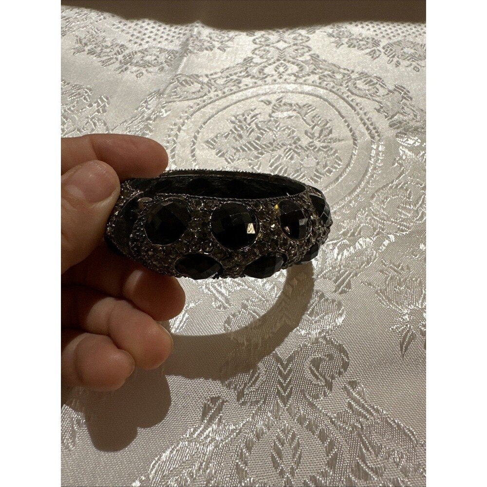 Silver Tone Black Clear Faceted Rhinestones Cuff Bracelet Handcrafted Artisan - Picture 15 of 15
